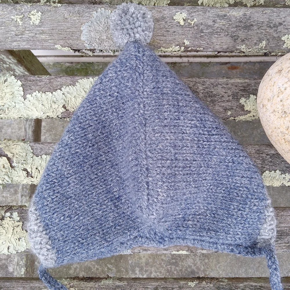 Handknit Baby Boy Winter Blue Denim Tweed Retro 1960s Style Pompom Pixie Hat 12M